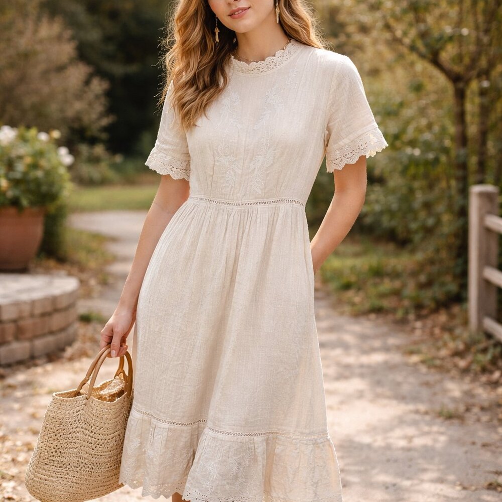 Salt Larchmont Cotton Eyelet Dress L Beige NWT‎ Embroidered Lined Boho Chic